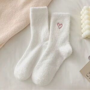 Cozy White Fuzzy Socks with Heart Embroidery